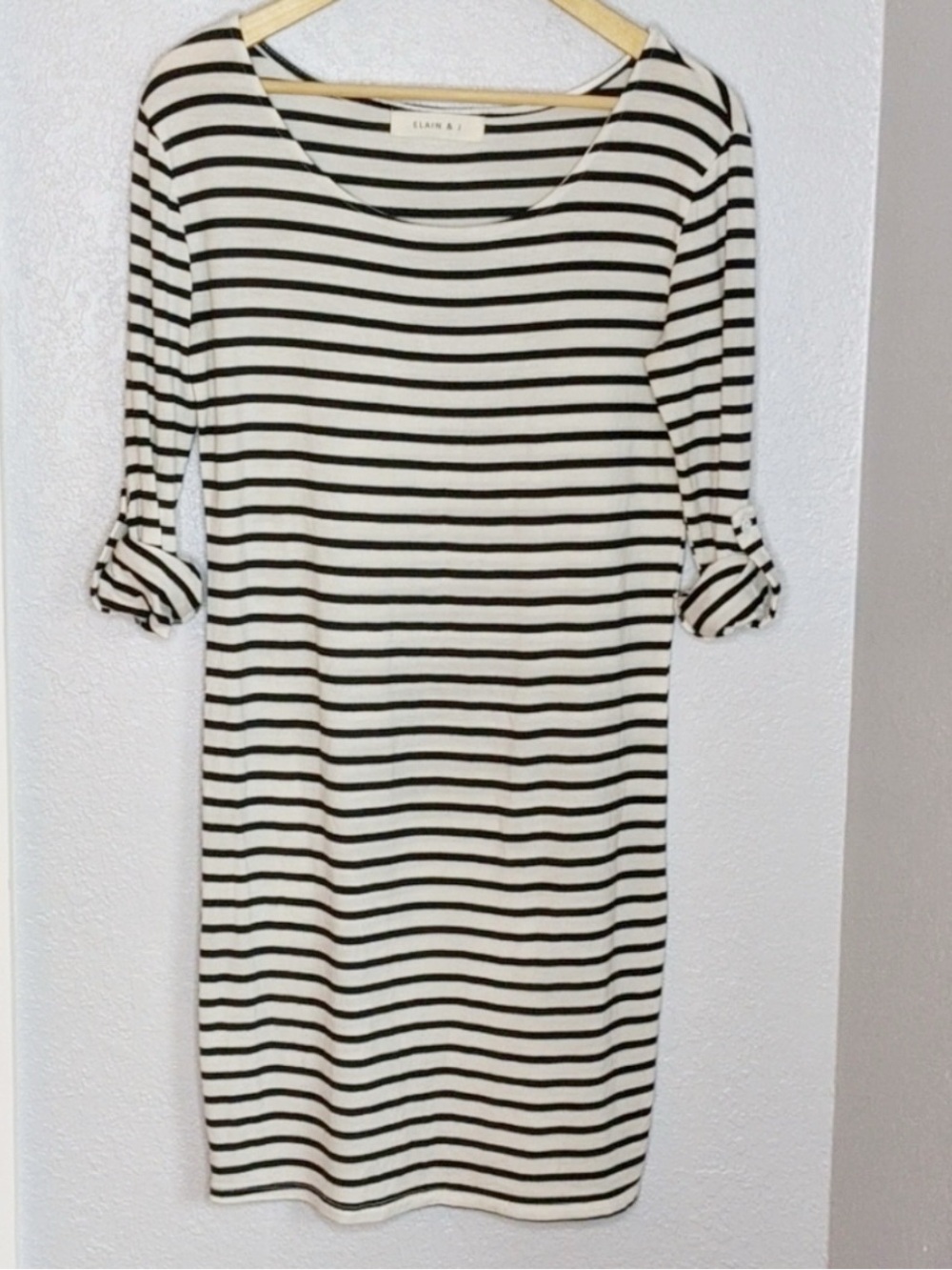 Elain & J Black White Striped Knit Dress Roll Sleeve Stretch Nautical Coastal